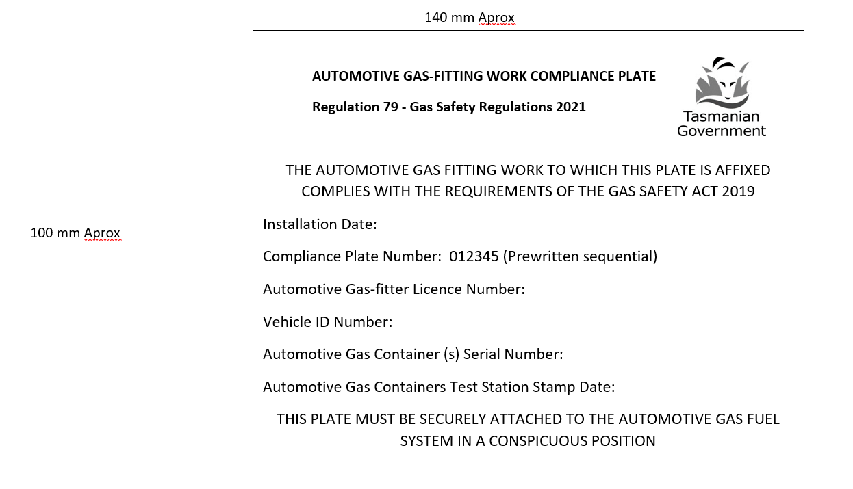 Image of an example Automotive gas-fitting work compliance plate