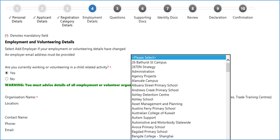 Text and search field to use when finding a location for an employer or organisation in the RWVP online registration system